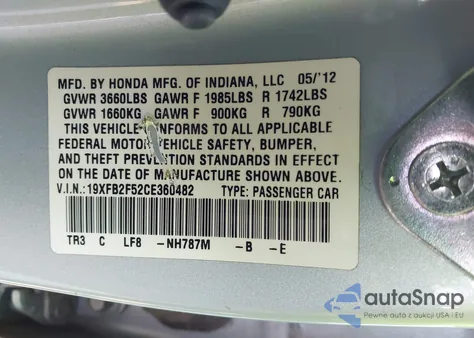 2012 Honda Civic Lx z USA, uszkodzony, nr VIN 19XFB2F52CE360482